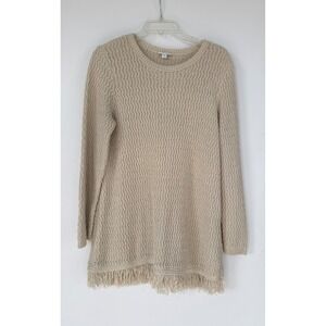 J Jill Wavy Knit Beige Tunic Sweater Fringe Hem Womens M Boho Coastal Minimalist
